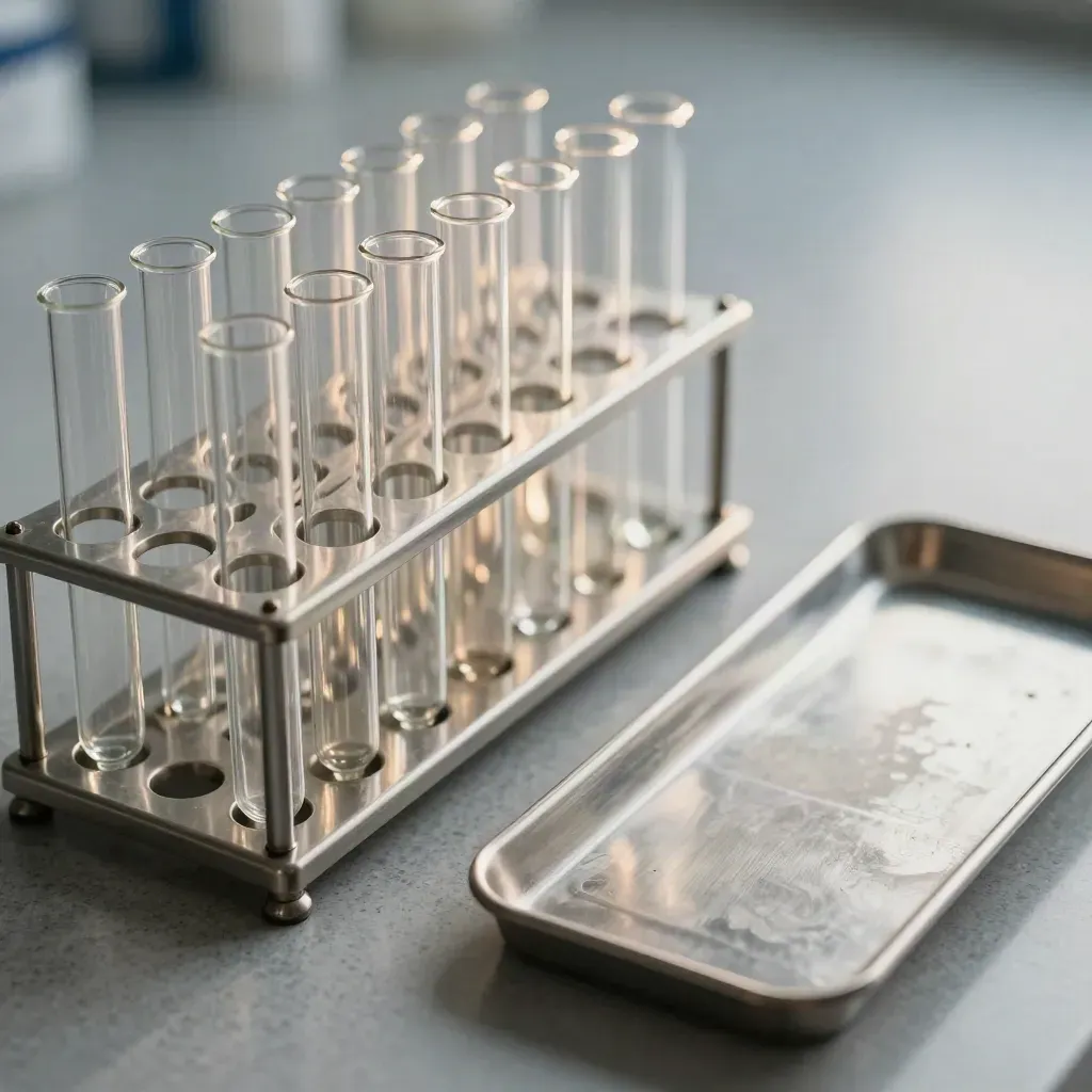 Lab vial rack with sample tubes, ceramic tile, and metal tray on cool stone.
