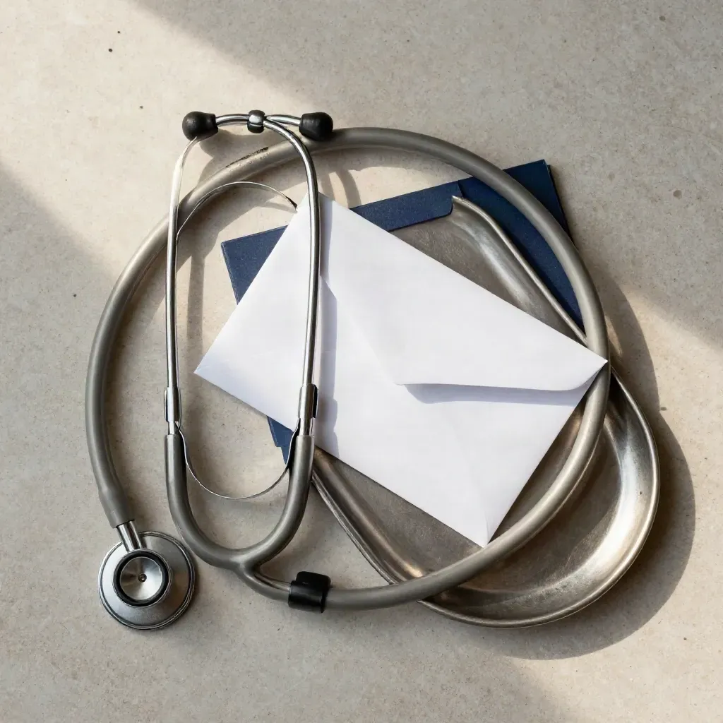Overhead still life of a stethoscope, sealed chart envelope, penlight, and tray on pale stone.