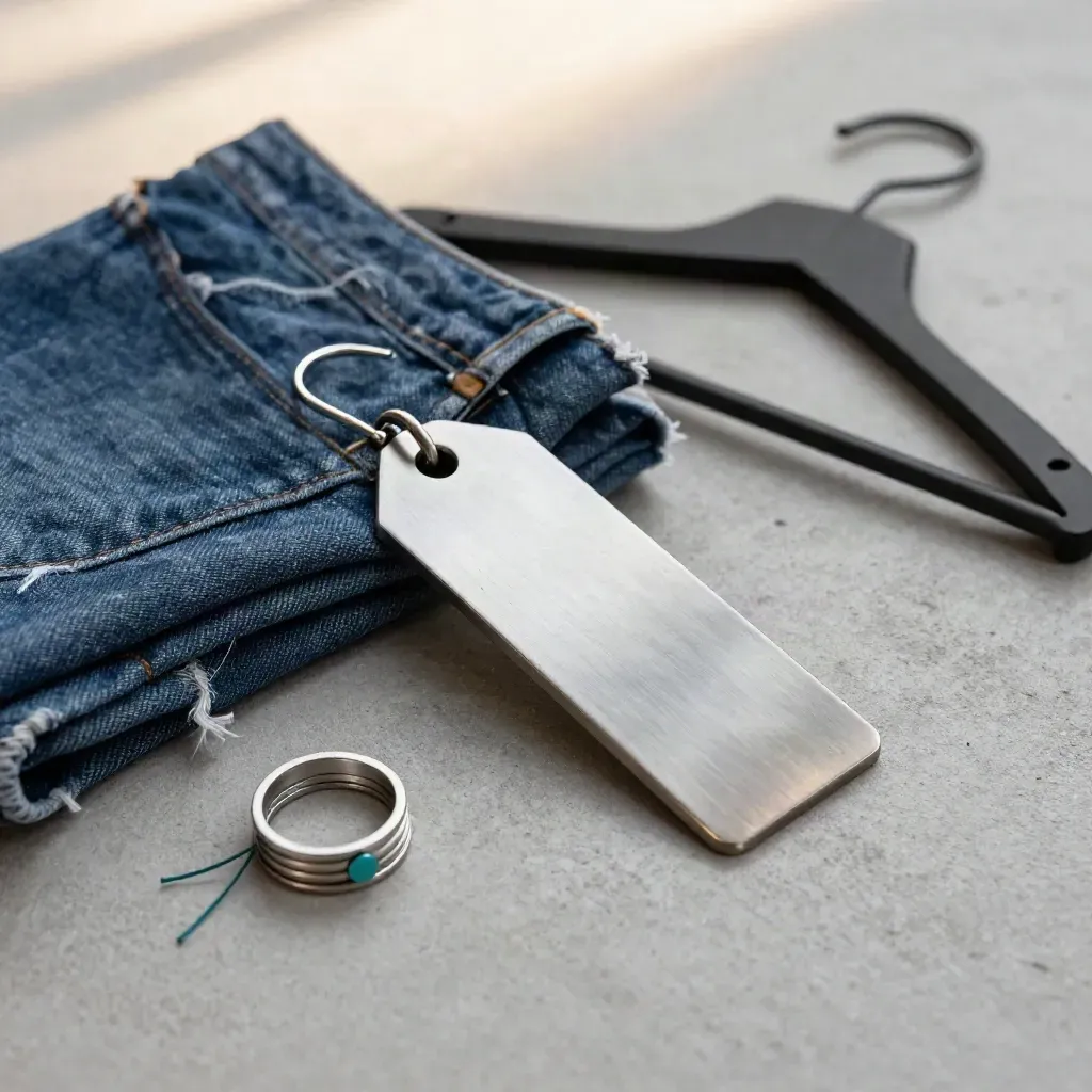Retail tag gun, denim swatches, hanger hook, and size rings on pale concrete.