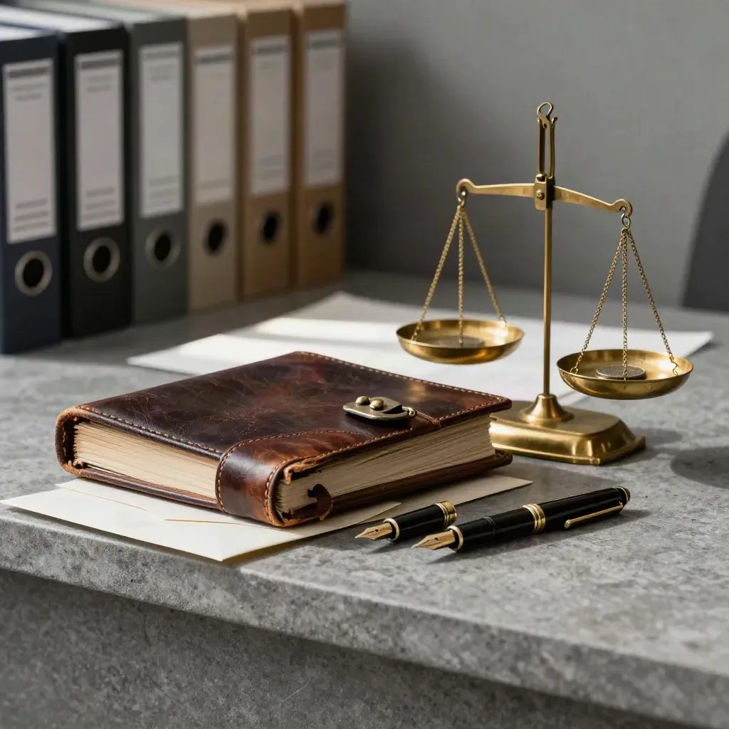 Leather ledger, brass weight, fountain pen, and sealed envelope on stone in a dim finance archive.