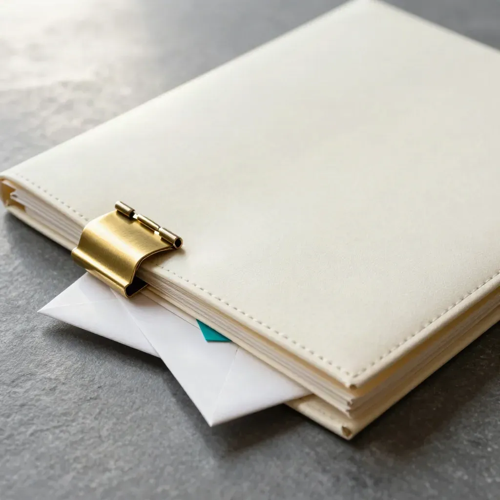 Macro of a cream dispatch folio with brass clasp, envelopes, and binder clip on stone.