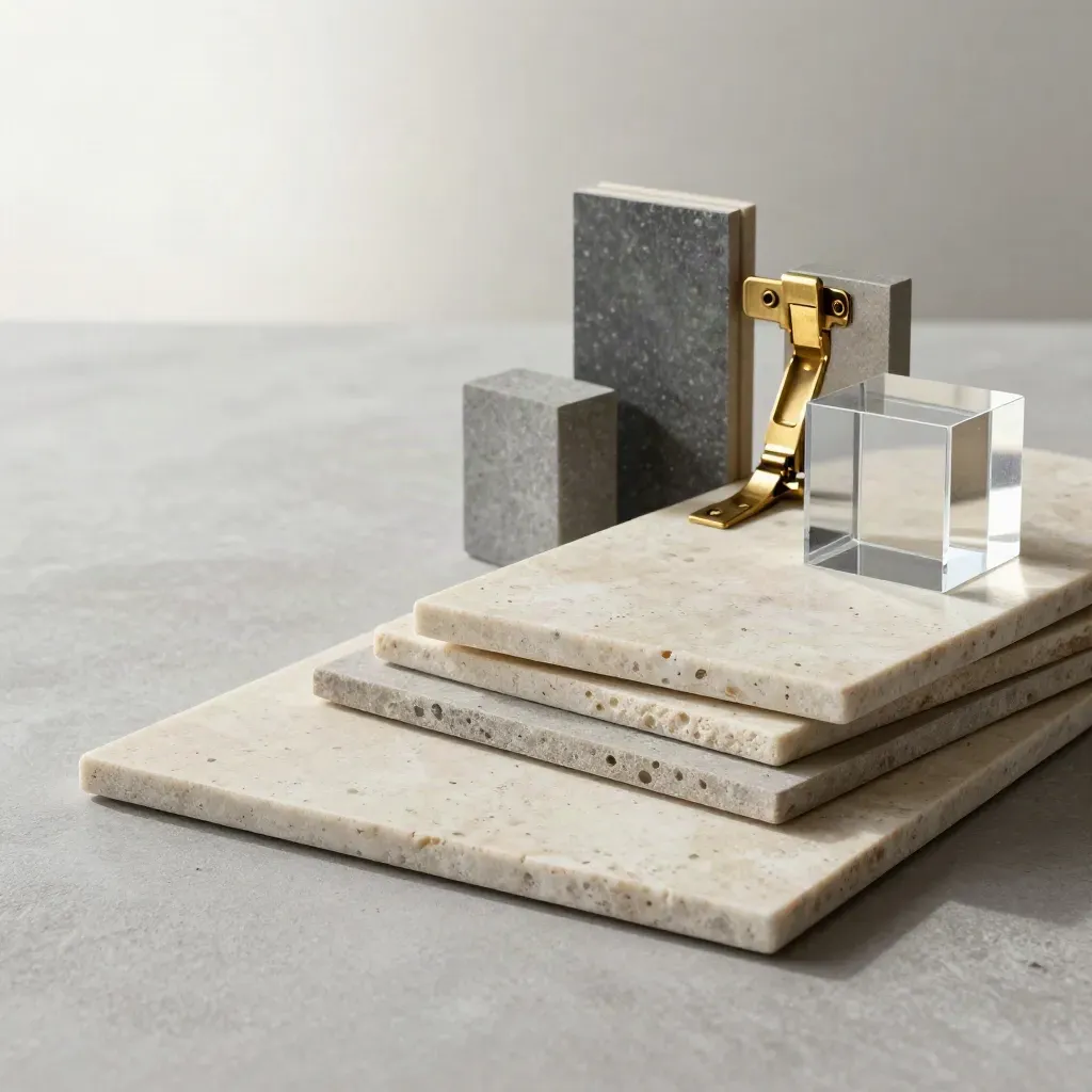Stone tiles, brass hinge, model blocks, and acrylic cube on travertine in dramatic light.