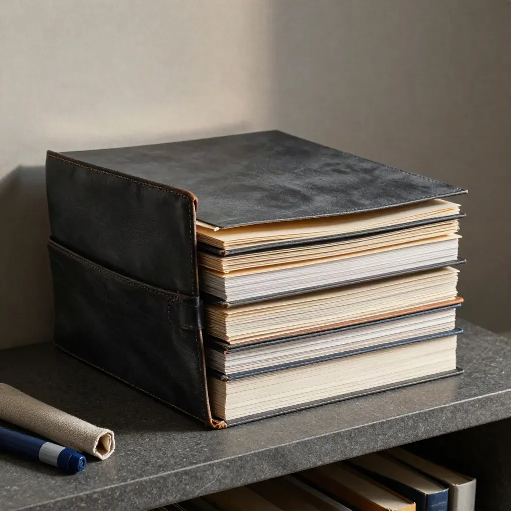 Archival folders, dividers, and leather sleeve on stone under dramatic studio light.