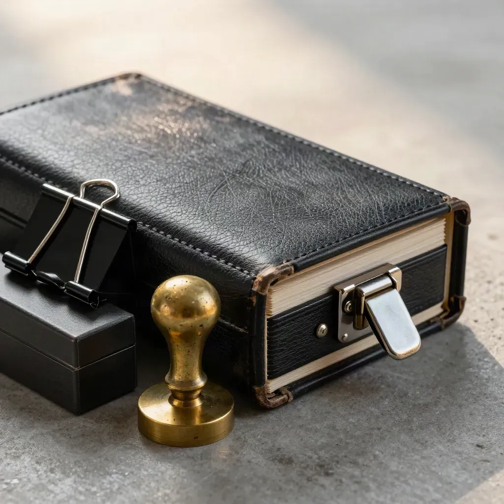 Macro still life of a black legal portfolio, binder clips, brass seal stamp and archive box latch.