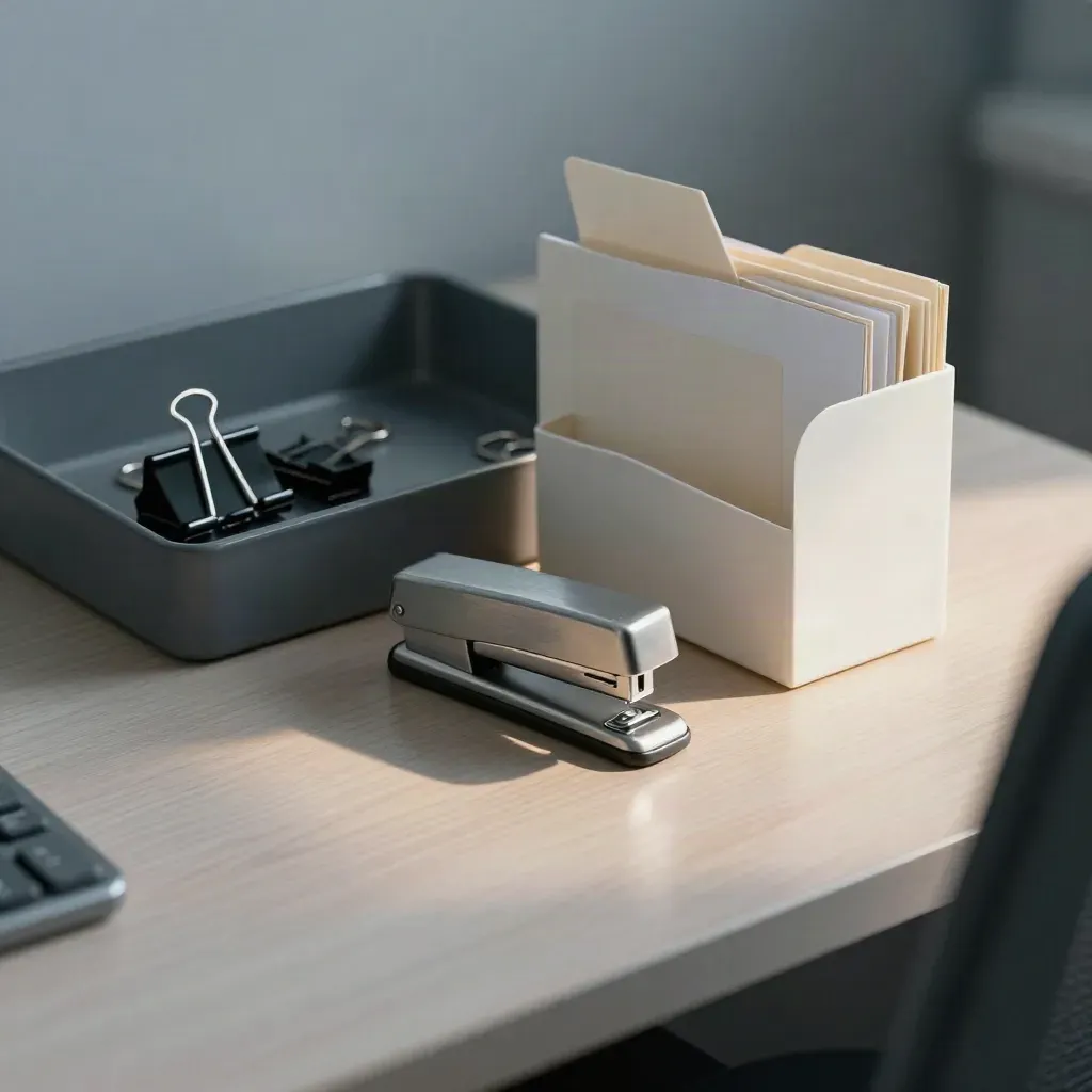 Inbox tray, clips, stapler and cable organizer on pale wood, lit like a premium ad still life.