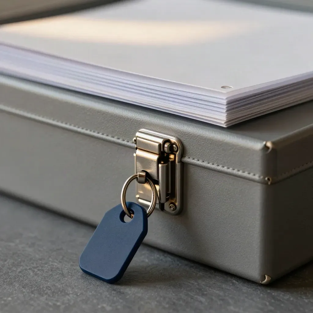 Lockable archive box with steel latch, key ring and file sleeves on graphite stone.