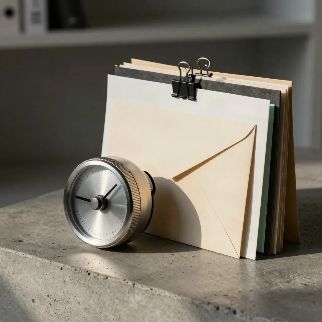 Countdown timer with reminder envelopes and folders on concrete, lit dramatically.