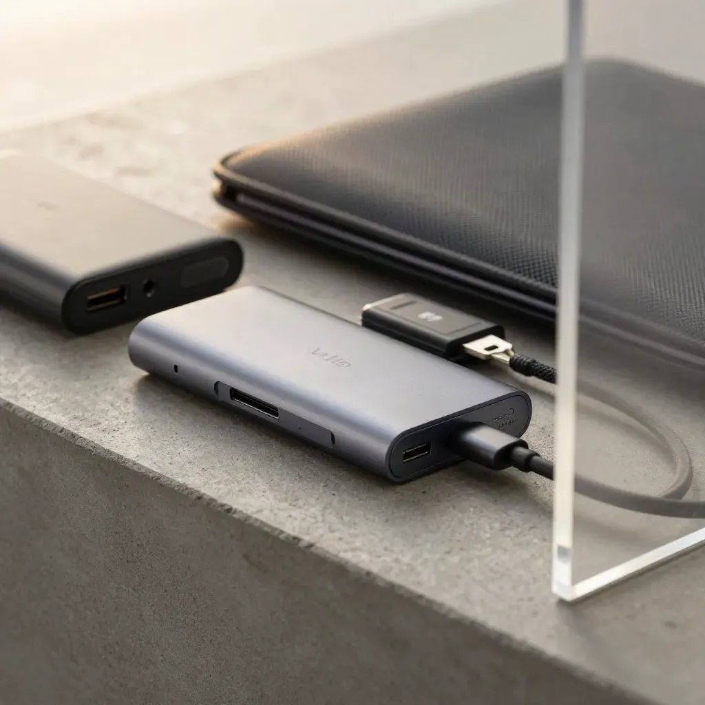 Macro still life of startup tools: USB-C hub, power bank, laptop sleeve and keycard holder.