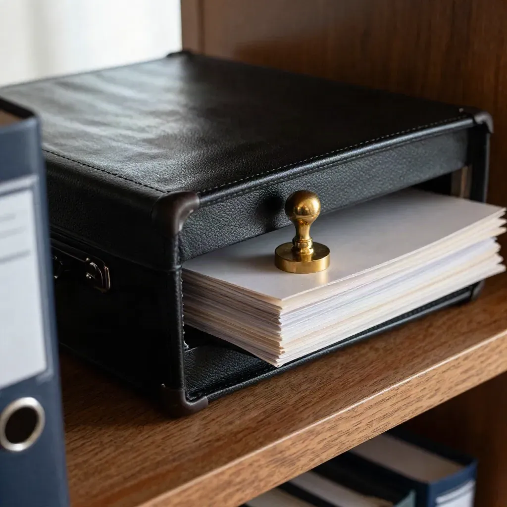 Black leather case, brass seal stamp, and archival sleeves on a legal shelf