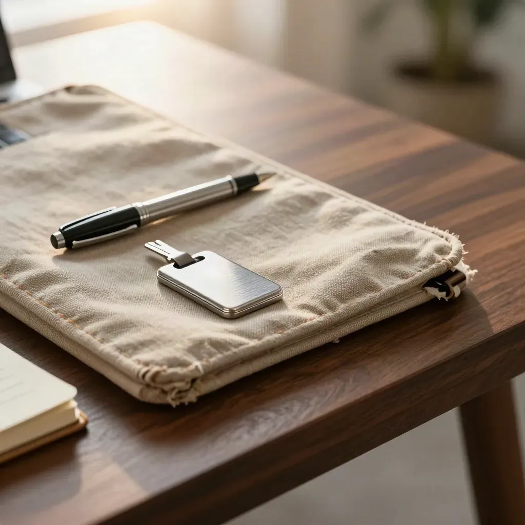 Worn laptop sleeve, fountain pen, keycard holder and notebook on a dark walnut table in warm macro light
