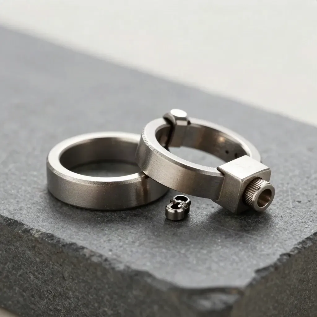 Machined metal rings and connector block on graphite stone in precise macro still life.