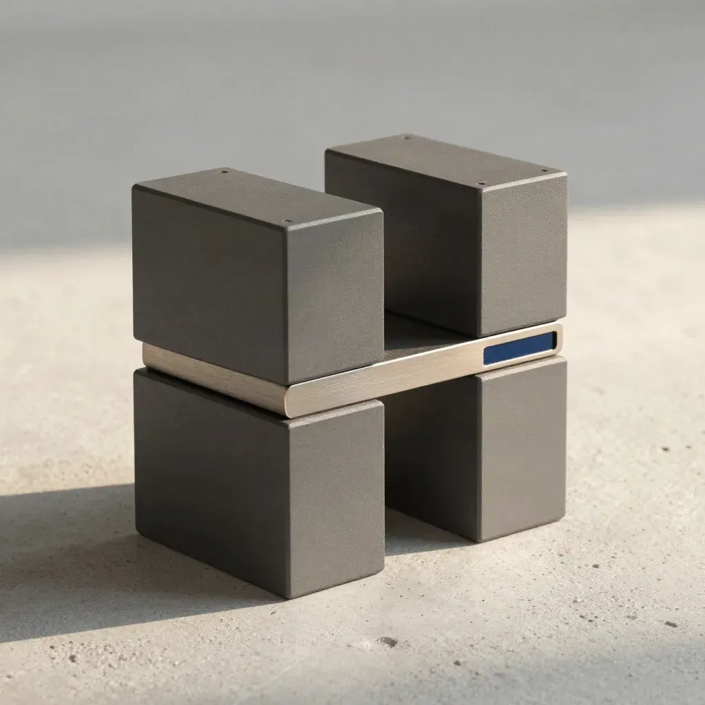 Graphite blocks, steel spacer, and midnight-blue connector on pale concrete with soft studio light.