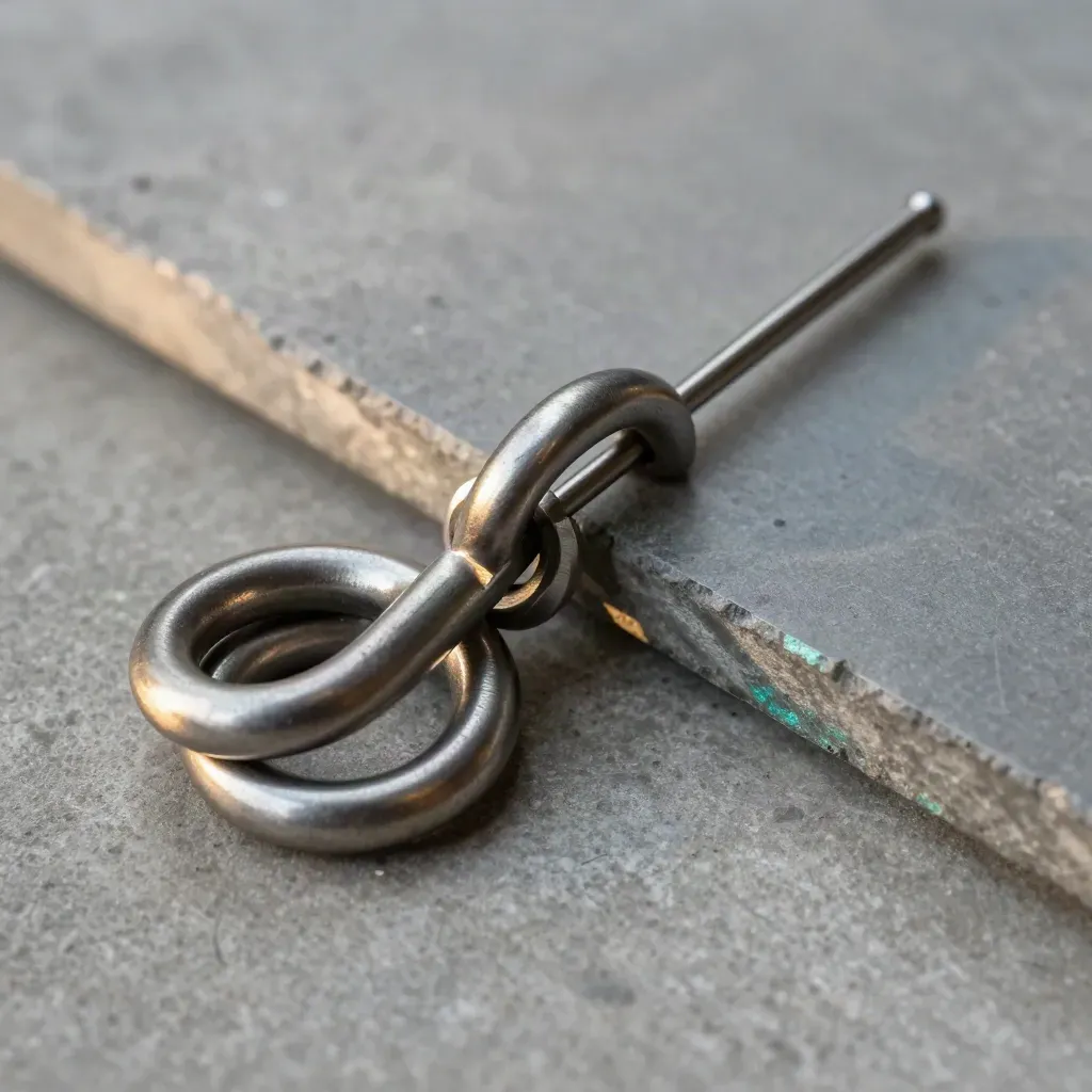 Linked metal loops, alignment plate and connector pin on cool stone with a teal glint.
