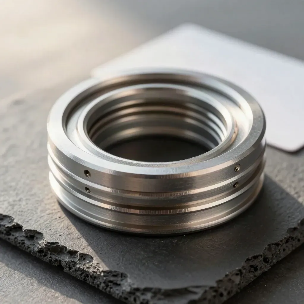 Top-down macro of aluminum couplers and connector rings on a neutral surface with soft light.